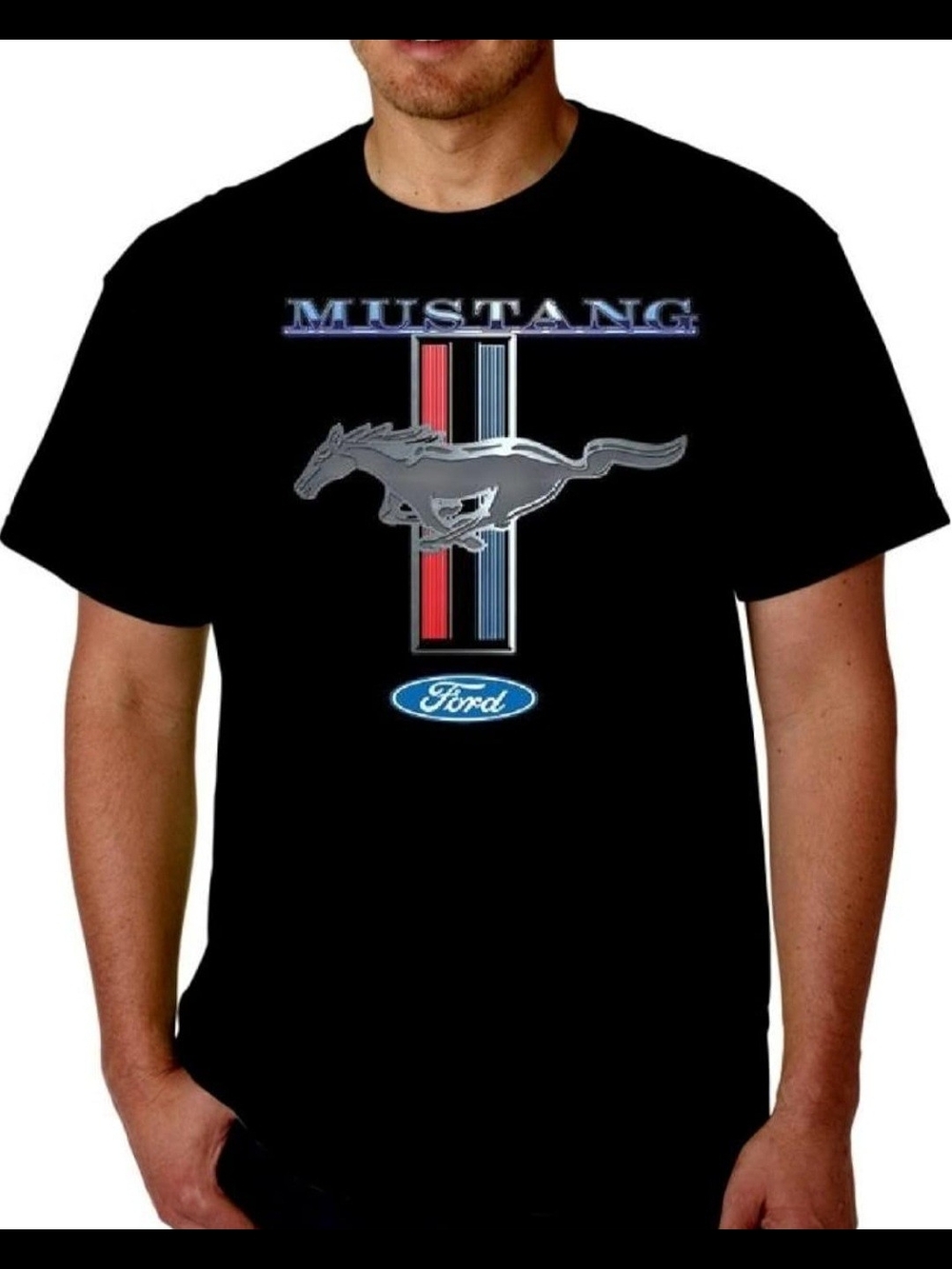 Ford Mustang Black Tee with Silver Pony and Red/Blue Stripes